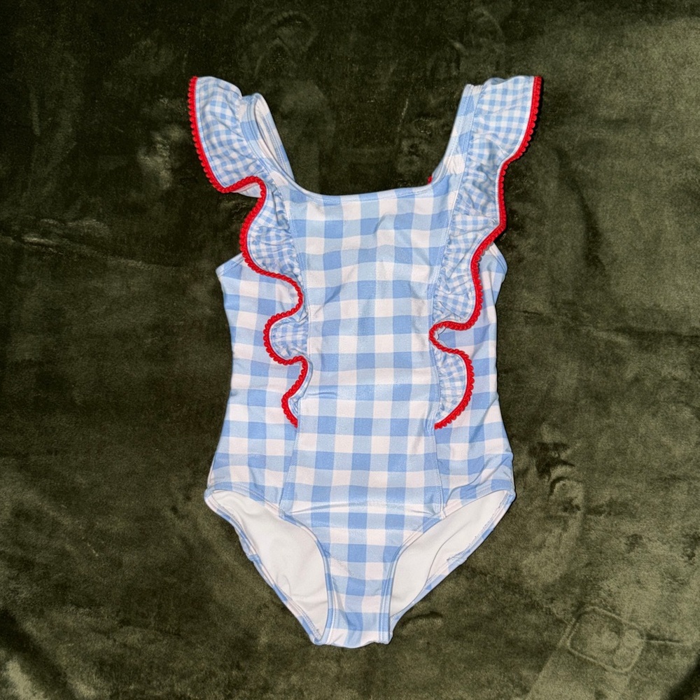Cat & Jack Blue and White Gingham Swimsuit with Red Trim
